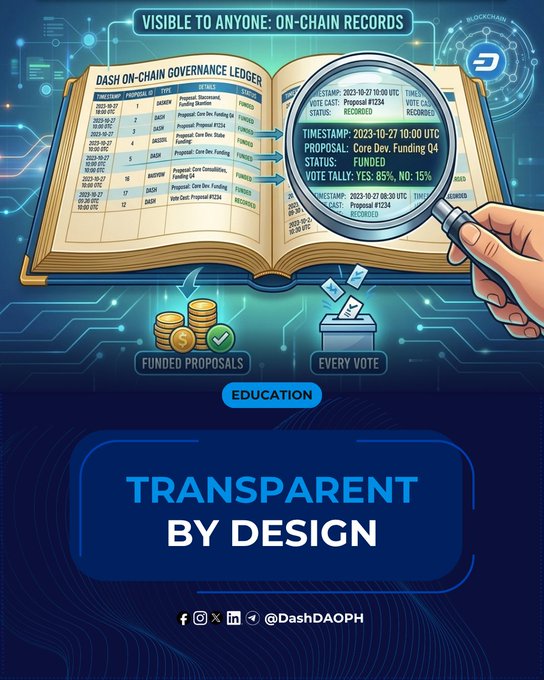 An infographic titled 'TRANSPARENT BY DESIGN' from Dash DAO, illustrating 'VISIBLE TO ANYONE: ON-CHAIN RECORDS' with an image of a hand using a magnifying glass to examine a DASH ON-CHAIN GOVERNANCE LEDGER showing proposal details and vote tallies.