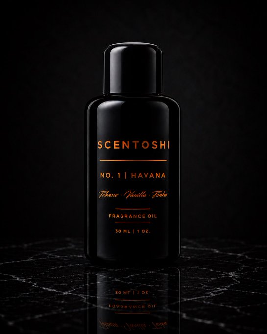 Product photo of a black bottle labeled 'SCENTOSHI NO. 1 | Havana — Tobacco, Vanilla, Tonka Fragrance Oil 30 ML / 1 OZ.' on a dark marble surface.
