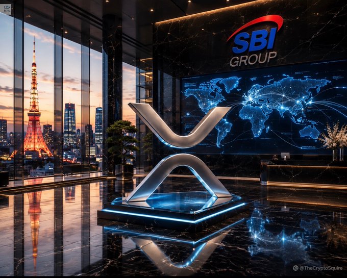Stylized image showing the XRP (Ripple) logo on a pedestal in a corporate lobby with Tokyo Tower visible through the window and "SBI GROUP" displayed on a world map screen.