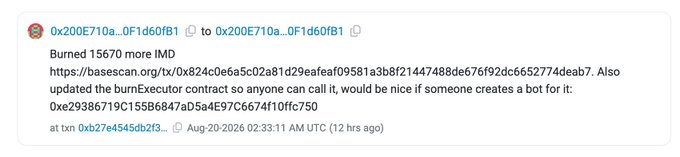 A blockchain message shows that address 0x200E710a...0F1d60fB1 burned 15670 more IMD tokens (tx: 0x824c0e6a5c02a81d29eafaf09581a3b8f21447488de676f92dc6652774deab7) on the Base network. The accompanying post celebrates this burn by introducing a tracking site (imd-burn.pages.dev) that aggregates all three permissionless IMD burn calls and displays live stats showing 86,222 FP burned across 7 events.