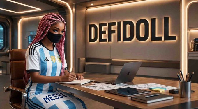 Woman with pink braids in a Messi Argentina jersey sitting at a desk with 'DEFIDOLL' displayed on the wall behind her.