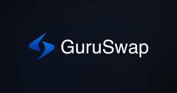 The image features a logo for Gurufin Season 2's GuruSwap platform. The logo consists of a blue banner with a white "S" symbol and the word "GuruSwap" written below it. The background is dark, creating a dramatic effect that contrasts with the light colors on the logo. There are three bullet points in the image that read: 
1) Gurufin Season 2's GuruSwap - swap your GXUSD into any GX Stablecoin Point Shop - burn GX Stablecoins to earn G-Points Raffle Week 1 - $1,100 USDC prize pool All three open today.