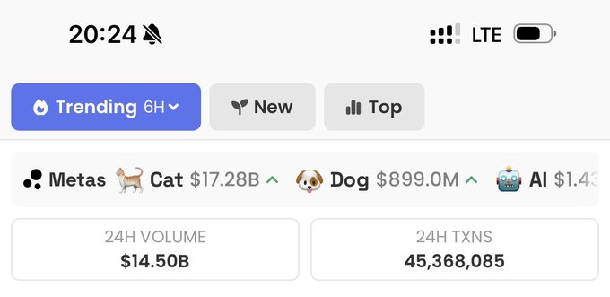 A mobile app screenshot showing a crypto wallet interface with Trending/New/Top tabs, displaying Metas, Cat ($17.28B), Dog ($899.0M), and AI categories, with 24H volume of $14.50B and 45,368,085 transactions.