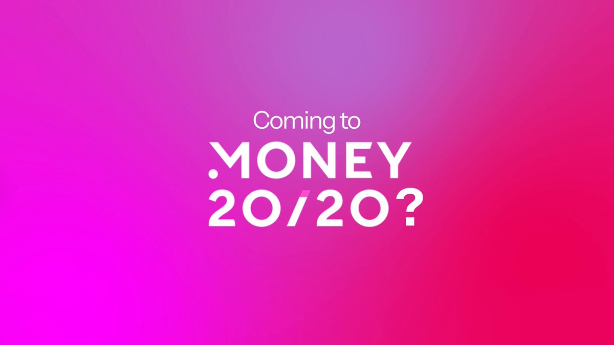 The image features a pink background with white text that reads " Coming to Money 20/20?". The text is positioned at the top of the image, while the rest of the image is filled with the same pink color. This design choice creates a cohesive visual theme for the image and helps draw attention to the post's content.