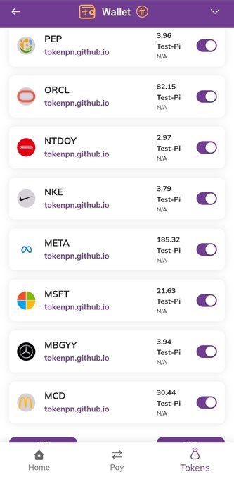 A mobile wallet interface displays test tokens including PEP, ORCL, NTDOY, NKE, META, MSFT, MBGYY, and MCD with their corresponding values (e.g., ORCL at 82.15, META at 185.32, MSFT at 21.63), all hosted on tokenpn.github.io and labeled as "Test-PI." This image visually supports the Pi Network testnet update by showing the diverse range of approximately 30 new test tokens recently added to the growing collection, illustrating the platform's expansion toward broader adoption.