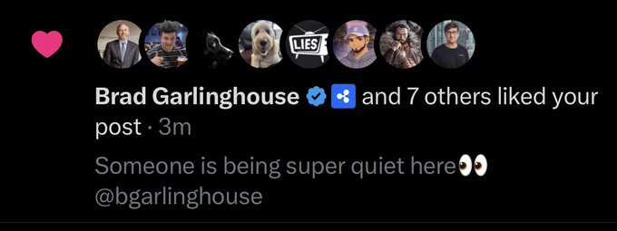 A social media notification shows Brad Garlinghouse (verified ✓) along with 7 other accounts liked the user's post titled "Someone is being super quiet here 👀 @bgarlinghouse," suggesting engagement from the XRP/Ripple CEO's account. This interaction aligns with the user's excitement about receiving a like from a major crypto industry figure during a period of market consolidation.
