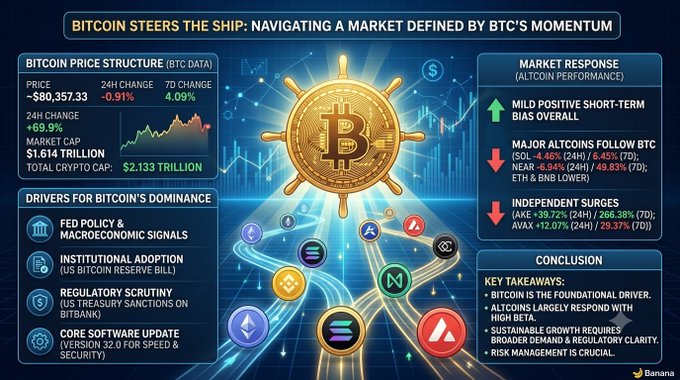 A cryptocurrency infographic titled 'BITCOIN STEERS THE SHIP: NAVIGATING A MARKET DEFINED BY BTC'S MOMENTUM', featuring price data showing BTC at ~$80,357.33 and market cap of $1.614 Trillion, with a 'Banana' watermark.