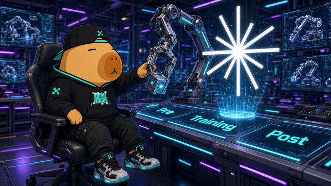 A cartoon bear character wearing a black hoodie with cyan accents sits in a gaming chair in a neon-lit high-tech lab, gesturing toward a robotic arm and holographic displays labeled 'Pre', 'Training', and 'Post'.