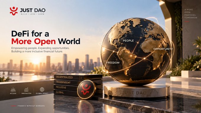 A promotional graphic for 'JUST DAO - DeFi for a More Open World' features a golden globe with 'PEOPLE,' 'OPPORTUNITY,' and 'FREEDOM' labeled, alongside the values 'DECENTRALIZED, TRANSPARENT, INCLUSIVE, GLOBAL' and the tagline 'FINANCE WITHOUT BORDERS.'