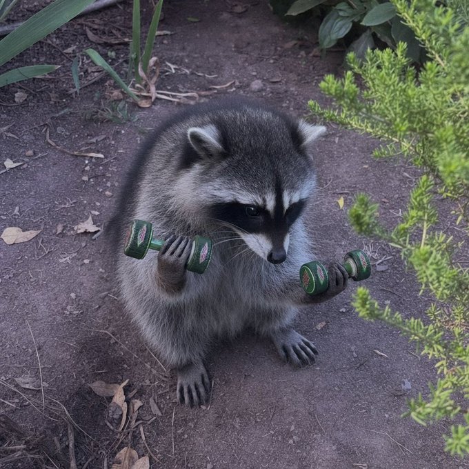 A photograph of a raccoon standing on dirt near some plants, holding two small green dumbbells in its paws.