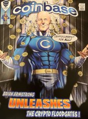 A comic book-style illustration of a superhero character with a 'C' logo on its chest, captioned 'coinbase' with text reading 'UNLEASHES THE CRYPTO FLOODGATES!'