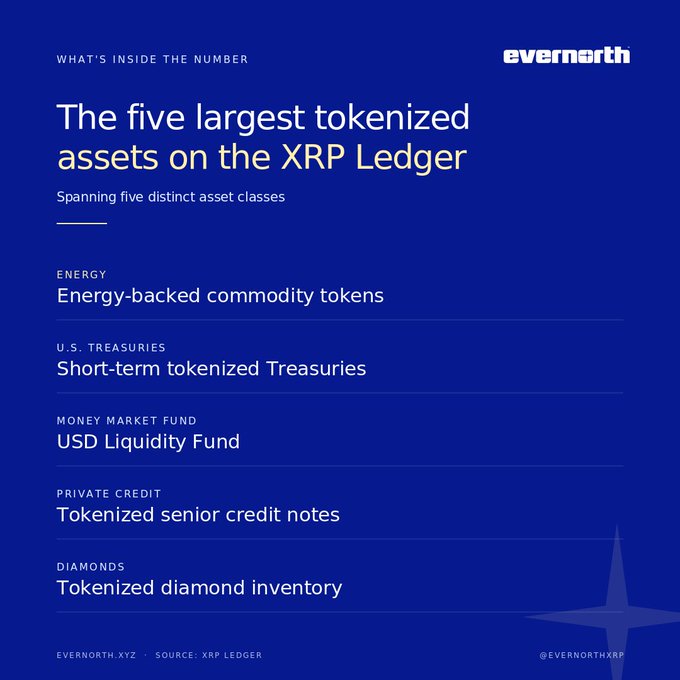 The image shows a blue background with white text that reads "What's inside the number?". Below this, there are five bullet points explaining the five largest tokenized assets on the XP Ledger. The first bullet point states that the five largest tokenized assets include energy, private credit, and short-term term tokens. The second bullet point mentions that these assets have been expanding rapidly in recent years. The third bullet point highlights how these assets are being used as a utility for XP Ledgers.