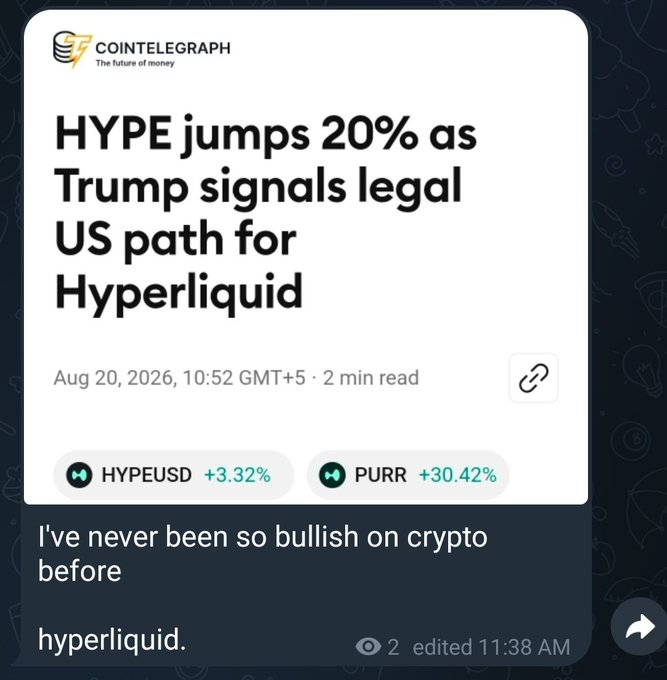 A Cointelegraph article headline reads "HYPE jumps 20% as Trump signals legal US path for Hyperliquid," with HYPEUSD +3.32% and PURR +30.42% listed below. The screenshot perfectly captures the post's sarcasm—showing bullish crypto news about a major platform potentially entering the US market, mocking the "random bro" who claimed no one cares about crypto anymore.