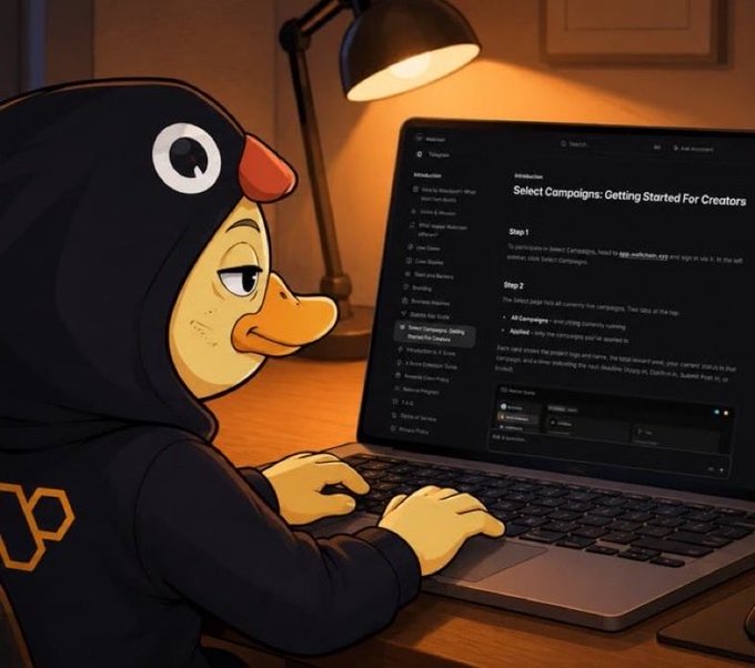 An animated penguin character wearing a black hoodie with an orange logo sits at a desk, typing on a laptop displaying a page titled "Select Campaigns: Getting Started For Creators" from wallchain, with a desk lamp casting warm light overhead.

The image visually reinforces the post's theme by depicting a creator actively engaging with wallchain's campaign platform—symbolizing the "thoughtful thread, campaign" contribution mentioned in the text and illustrating how individual participation adds value to the broader community.
