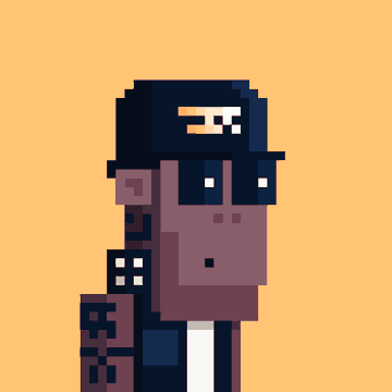Pixel art portrait of a person with brown skin wearing black sunglasses, a backwards dark cap, and a denim jacket against an orange background.