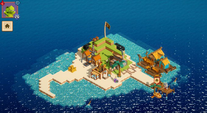 An isometric view of a colorful block-building puzzle game showing a small island with various structures, characters, and a dock, surrounded by blue water.