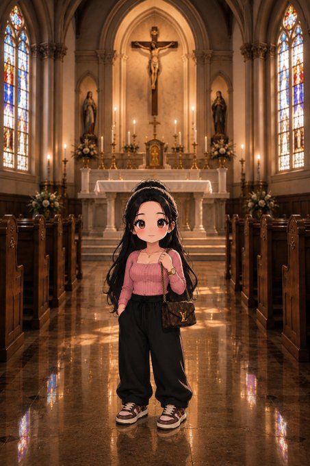 A chibi-style illustrated girl with long black hair, a pink top, black pants, and sneakers stands in the aisle of a grand cathedral, holding a Louis Vuitton bag in front of an altar.