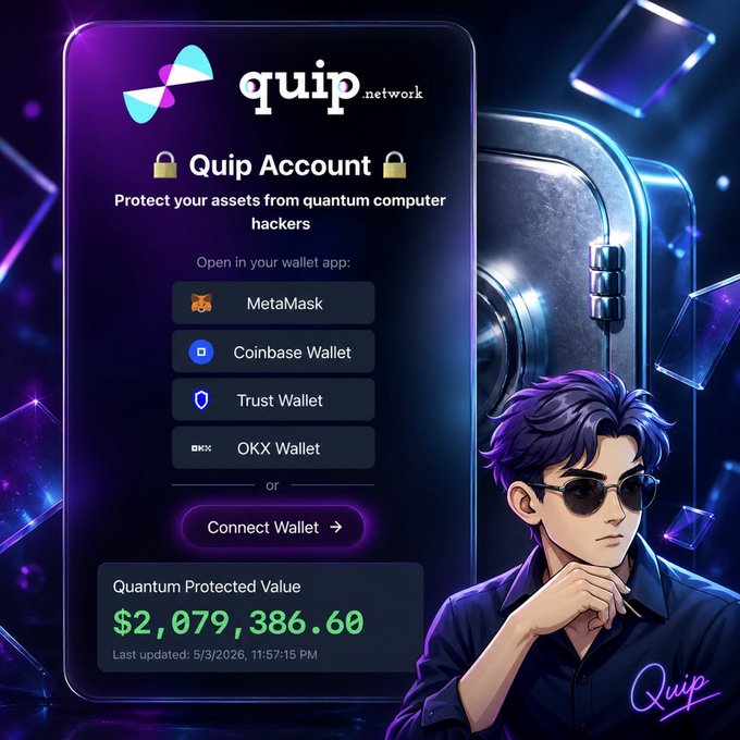The image features a man wearing sunglasses standing next to a smartphone screen displaying information about a new wallet app called "quip network". The man appears to be contemplating whether or not he should upgrade his current wallet with this new app, as indicated by the text on the screen that reads "Connect Wallet". The post also mentions that the wallet is protected by two-layer security and has been updated since it was last updated.
