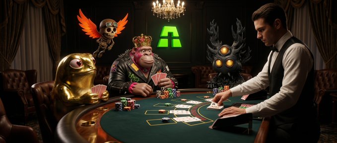 A surreal poker scene featuring a golden frog, a winged skull, a crowned ape, and a dark multi-eyed creature playing cards around a green felt table, while a human dealer in a vest serves them, with a green symbol resembling the Algorand logo glowing in the background.