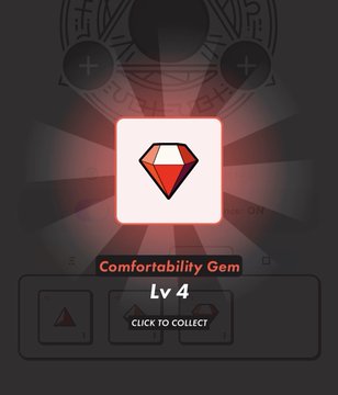 The image presents a game screen featuring a red diamond as its main element, placed centrally within a light that makes it glow. The text "Comfortability Gem" indicates a game title or theme related to comfort and relaxation. Below the glowing diamond, there are three buttons labeled with numbers 1-3, possibly representing different levels or stages of gameplay. Additionally, a question marks are displayed on the screen as part of an interactive feature in the game. The overall context suggests that players might need to step through these levels to complete tasks related to comfort and relaxation within the game.