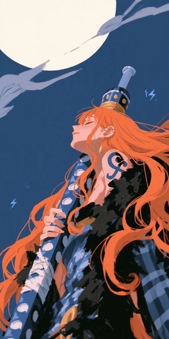 An anime-style illustration features a woman with long orange hair wearing a blue and white polka-dot dress and a fur-collared coat, with a tattoo visible on her shoulder. A large moon and dark clouds fill the background, matching the "Nami" caption, which is the name of the iconic navigator character from the series One Piece.