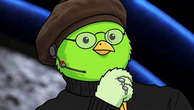 A cartoon green bird character wearing a brown beanie, round glasses, a black turtleneck, and a headset microphone, with claws raised against a space-themed background.