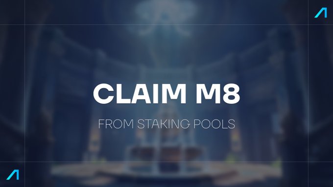 A dark promotional graphic with blurred blue-toned background displays the bold text "CLAIM M8 FROM STAKING POOLS," urging M8 token holders to withdraw their staked tokens by Sunday, 13th at 23:59 UTC before the project migrates to Base. The image reinforces the post's call to action, visually emphasizing the urgency of claiming rewards from both staking pools ahead of the move.