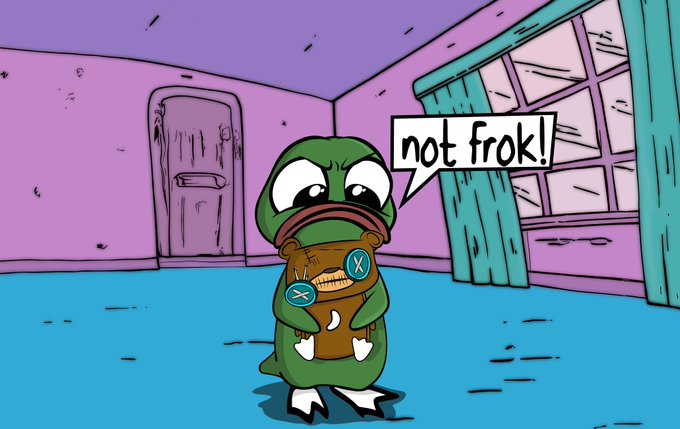 A cartoon image of a sad green frog-like character holding a brown stuffed animal with X's for eyes, with a speech bubble reading 'not frok!' in a purple room.