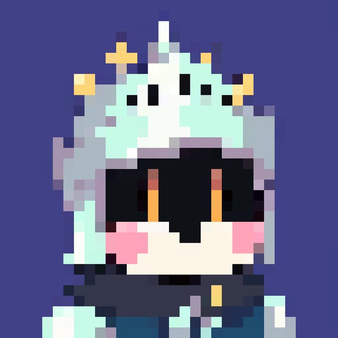 A pixel art illustration depicts a cute, light blue and white character with small antlers, large dark eyes, and pink cheek blush against a solid dark blue background.