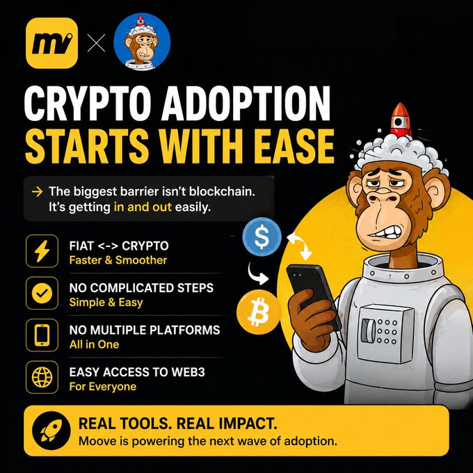 A promotional graphic for Moove (m) titled "CRYPTO ADOPTION STARTS WITH EASE," featuring a cartoon monkey in a spacesuit and listing benefits like fiat-to-crypto exchange and easy Web3 access.