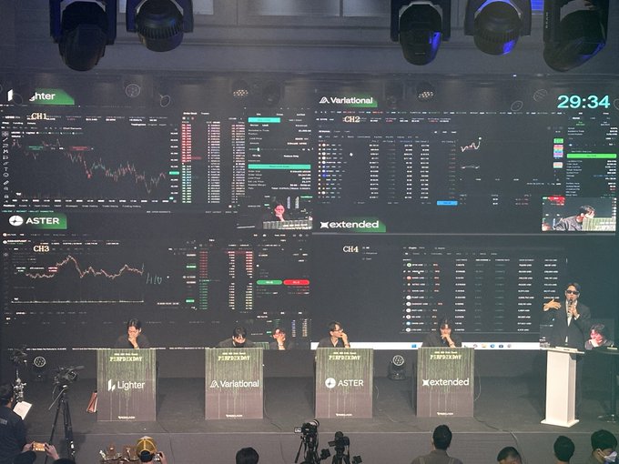 A cryptocurrency trading event features four participants seated at desks with logos for 'Lighter', 'Variational', 'ASTER', and 'extended' in front of large digital screens displaying charts and market data.