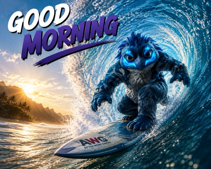 A fluffy blue fantasy creature surfs inside a massive ocean barrel at sunrise, riding an "AWG - After Work Games" branded surfboard beneath bold "GOOD MORNING" text, perfectly setting an energetic, wave-riding tone to greet the Illuvium community.