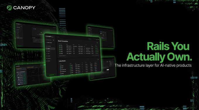 A promotional graphic for Canopy featuring the tagline 'Rails You Actually Own. The infrastructure layer for AI-native products' with green-themed dashboard interfaces displayed.