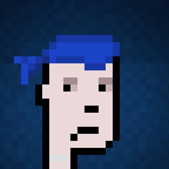 A pixel art portrait of a character with blue hair and a neutral expression against a dark blue background.