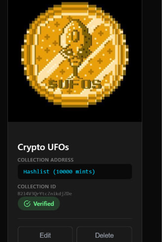 Crypto UFOs NFT collection page showing a pixelated golden coin with a UFO design, labeled as verified with 10,000 mints and collection ID 8214V3QrVtzsnikdJDe.