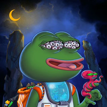 A digital illustration of a green, frog-like character with multiple eyes and a small red octopus, set against a dark blue background with standing stones and a crescent moon.