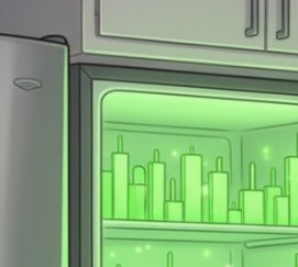 The image shows an open refrigerator with several green bottles inside of it. The bottles are arranged in a way that they appear as if they are floating or defying gravity, giving the impression of a cityscape within the fridge. This unique arrangement is reminiscent of the game "@Tangem" and its innovative gameplay mechanics. The post suggests that this image could be related to the game's concept or even a promotional piece for it.
