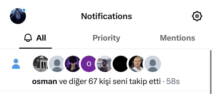 A notifications screen on X (formerly Twitter) shows that "osman ve diğer 67 kişi seni takip etti" (osman and 67 others followed you) 48 seconds ago, aligning with the post's message about gaining hundreds of new followers daily.