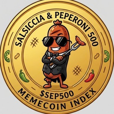 A digital illustration depicts a golden meme coin featuring a sausage character wearing sunglasses and a suit, holding a fork with a pepperoni, surrounded by text reading 'SALSICCIA & PEPPERONI 500', '$$EP500', and 'MEMECOIN INDEX'.