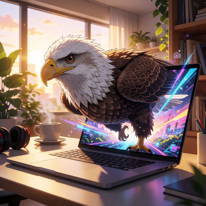 An anime-style illustration of a bald eagle perched on a laptop displaying vibrant colors, with headphones and a coffee mug on the desk beside it.