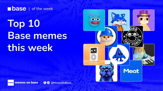 A blue promotional graphic titled 'Top 10 Base memes this week' from 'base | of the week', displaying various meme icons including a frog, cats, and a 'Meat' logo.