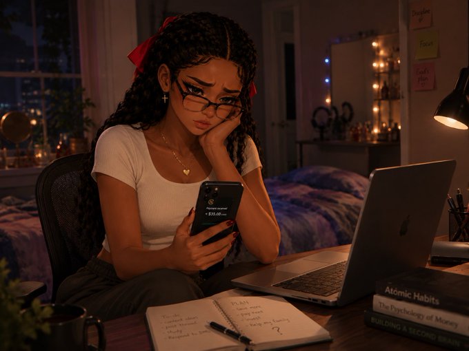 An illustrated young woman with curly hair and glasses looks concerned while checking a smartphone showing a payment of '-$35.00', sitting at a desk with a laptop, notebook, and books like 'Atomic Habits' and 'The Psychology of Money'.