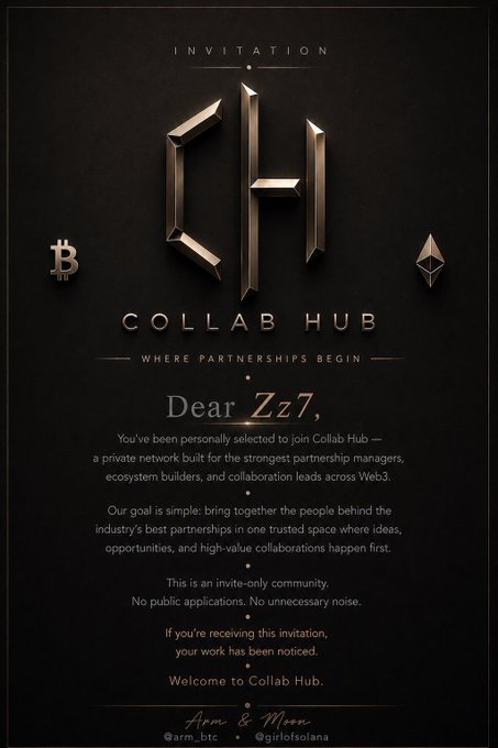 A dark-themed digital invitation to "CH Collab Hub - Where Partnerships Begin" addressed to "Zz7," mentioning Bitcoin and Ethereum logos and signed by @arm_btc and @girlsoisolana.