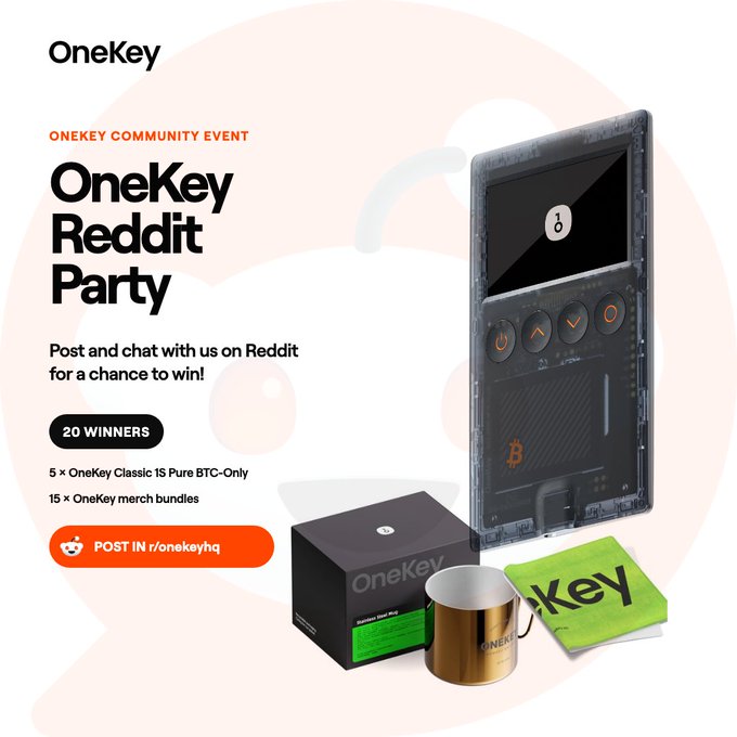 A promotional graphic for the "OneKey Reddit Party" community event, displaying 20 prize winners including 5 OneKey Classic 1S Pure BTC-Only hardware wallets and 15 OneKey merch bundles (featuring a mug and notebook), with instructions to post in r/onekeyhq to participate.