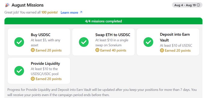 Screenshot of an 'August Missions' reward interface dated Aug 4 - Aug 19, showing 4/4 missions completed with green checkmarks for 'Buy USDC' (20 points), 'Swap ETH to USDC' (40 points), 'Deposit into Earn Vault' (20 points), and 'Provide Liquidity' (20 points).
