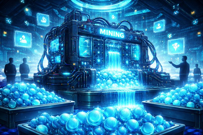 A futuristic mining rig labeled "MINING" spews glowing blue orbs into collection bins, symbolizing the 4,403,034,942 $wPOND tokens distributed as Cycle 3 Co-op Mining Rig rewards, with surrounding figures representing the community participants.