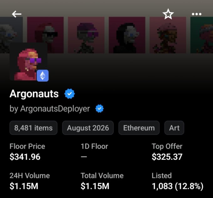 An NFT marketplace listing for the 'Argonauts' collection by ArgonautsDeployer on Ethereum, showing 8,481 items, a floor price of $341.96, and 24H volume of $1.15M.