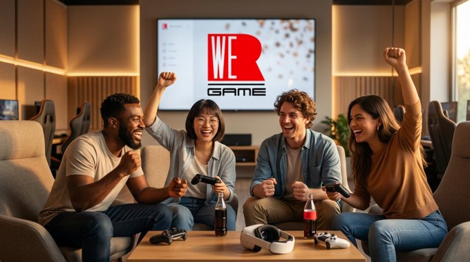 Four people celebrating on a couch in a gaming room, raising their fists in excitement while holding game controllers, with a TV displaying the 'WE GAME' logo behind them.