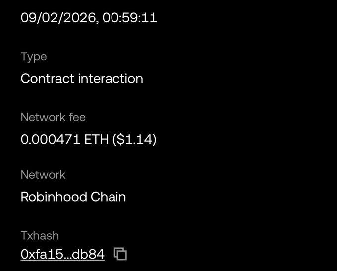 A transaction details screen showing a contract interaction on Robinhood Chain dated 09/02/2026 with a network fee of 0.000471 ETH ($1.14) and txhash starting 0xfa15...db84, illustrating the user's question about gas fees on Robinhood.