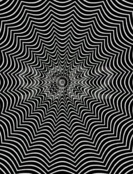 An abstract black and white optical illusion featuring concentric, wavy star-like patterns radiating from a small central point.